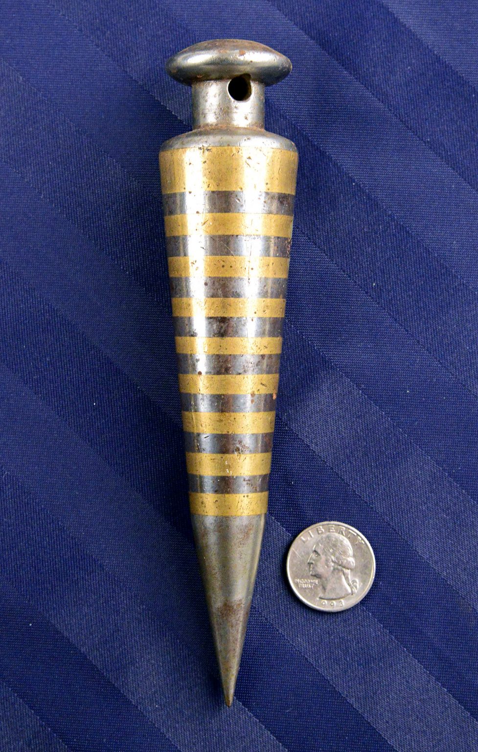 Striking 7″ Brass & Iron Striped Plumb Bob Vintage Vials